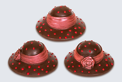 choclate bonnet with red dots and pink accents view image