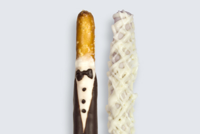 bride and groom chocolate covered pretzel sticks wedding favors view image